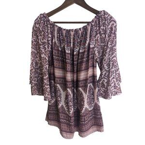 Lascana Women's Pink Multi Print Off Shoulder Top Bell Sleeves Relaxed Fit Sz 10